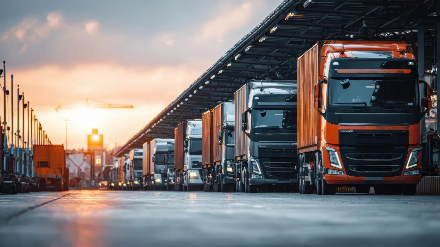 A row of trucks parked at a logistics depot at sunset